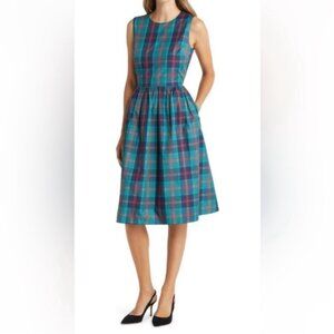Nordstrom PLAID FIT & FLARE DRESS IN TEAL CYRUS SZ M ✨✨
